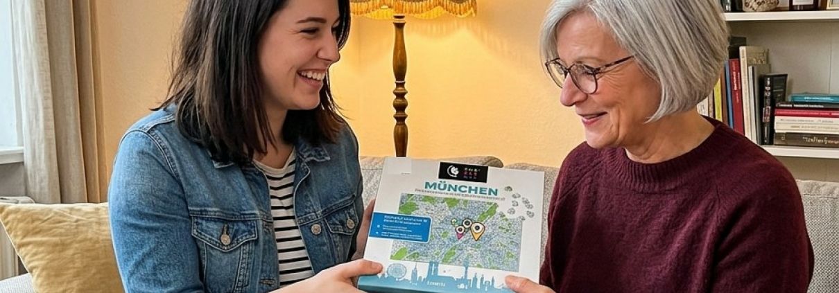 Tochter überreicht ihrer Mutter im Wohnzimmer das München-Stadtplan-Puzzle von PuzzleMap