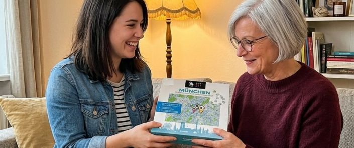 Tochter überreicht ihrer Mutter im Wohnzimmer das München-Stadtplan-Puzzle von PuzzleMap